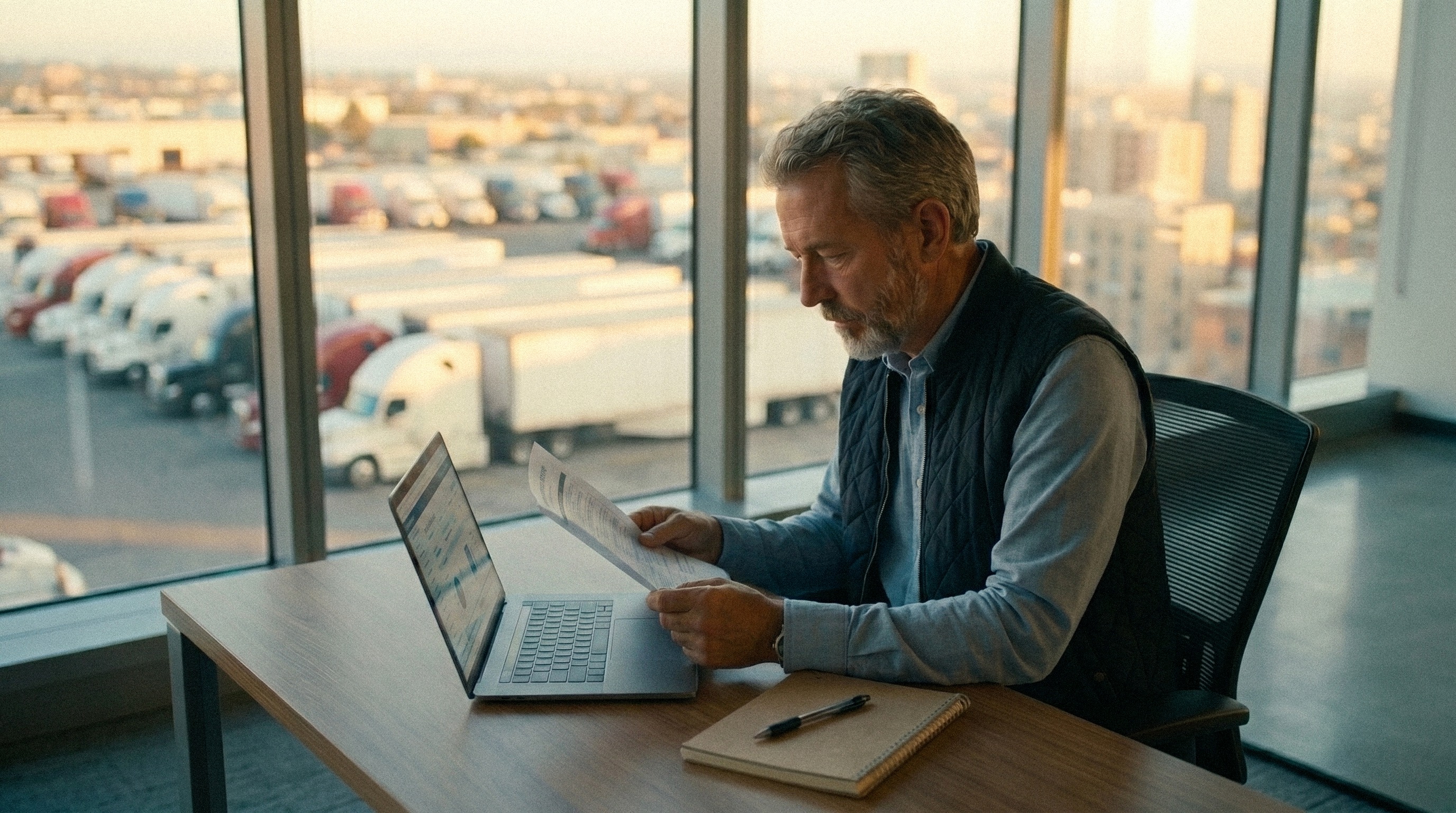 A fleet safety manager at his desk reviewing a printed inspection report beside a laptop, a terminal yard of parked trucks visible through the windows at dusk.